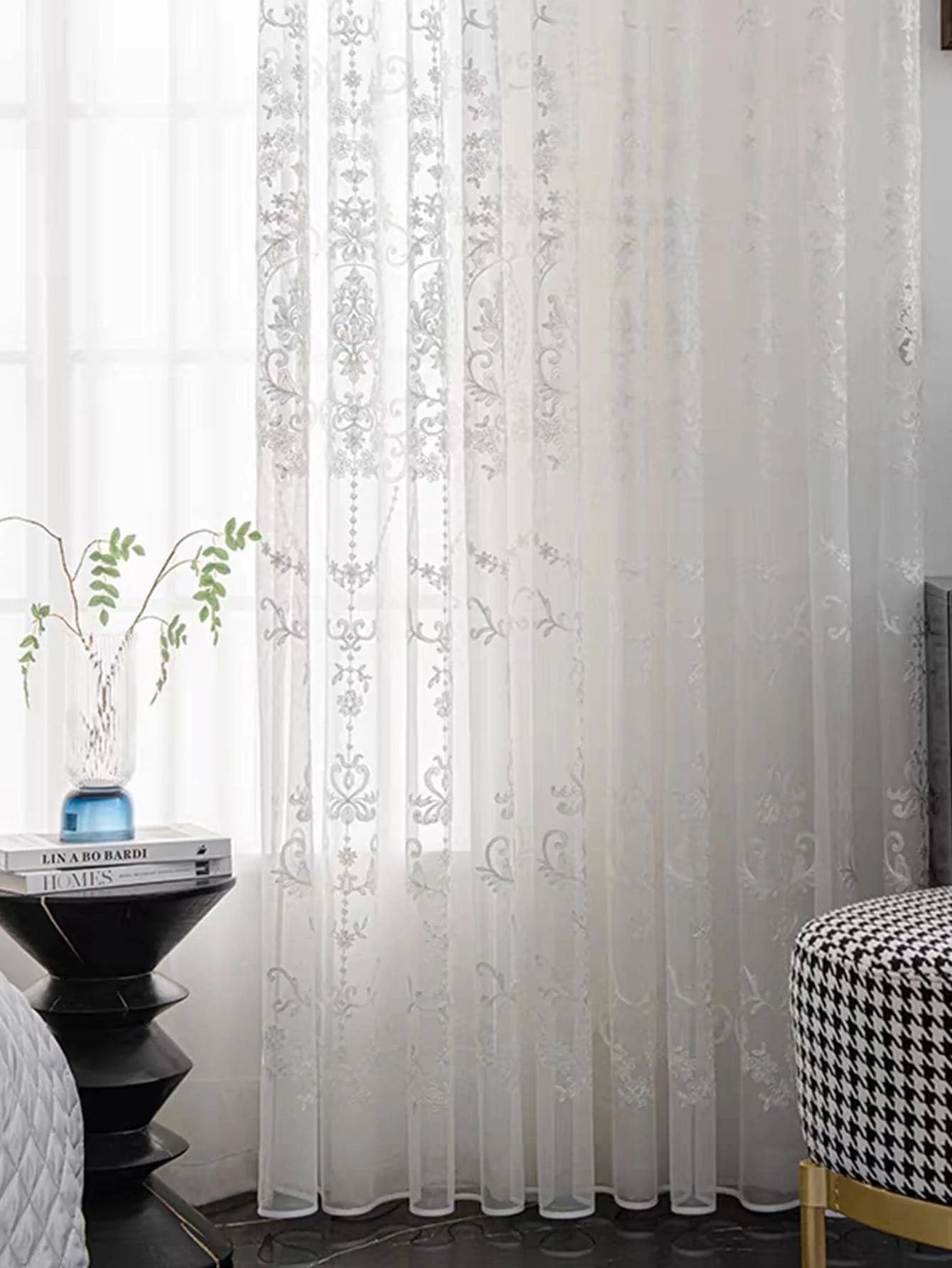 Rideaux transparents blancs – Voile brodé floral pour salon et chambre