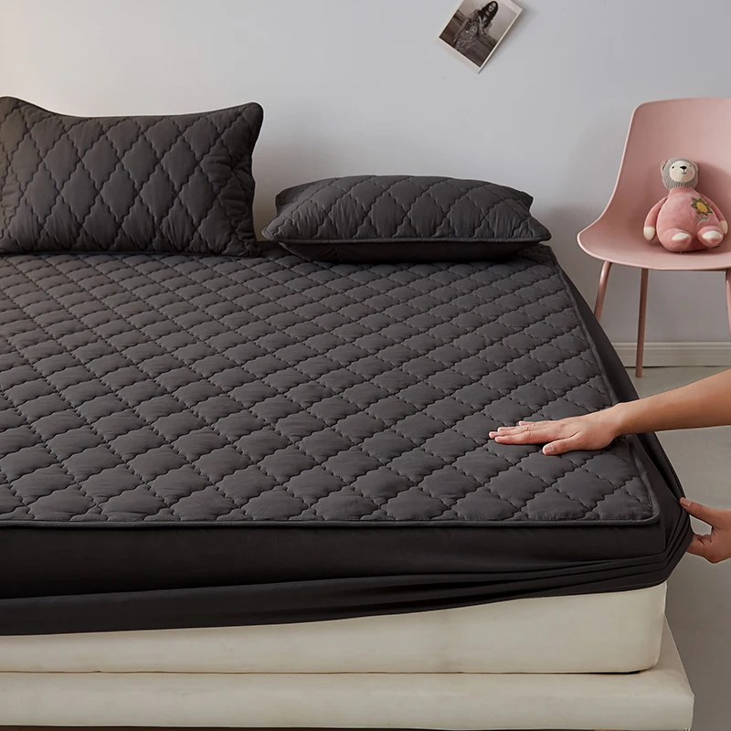 100%Waterproof Fitted Bed Sheet Washed Cotton Solid Color Bed Sheet with Elastic Band Single/Queen/King Black Mattress Protector - Image 3