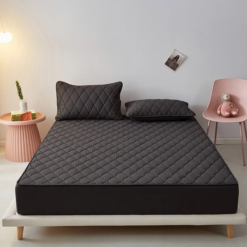 100%Waterproof Fitted Bed Sheet Washed Cotton Solid Color Bed Sheet with Elastic Band Single/Queen/King Black Mattress Protector - Image 2