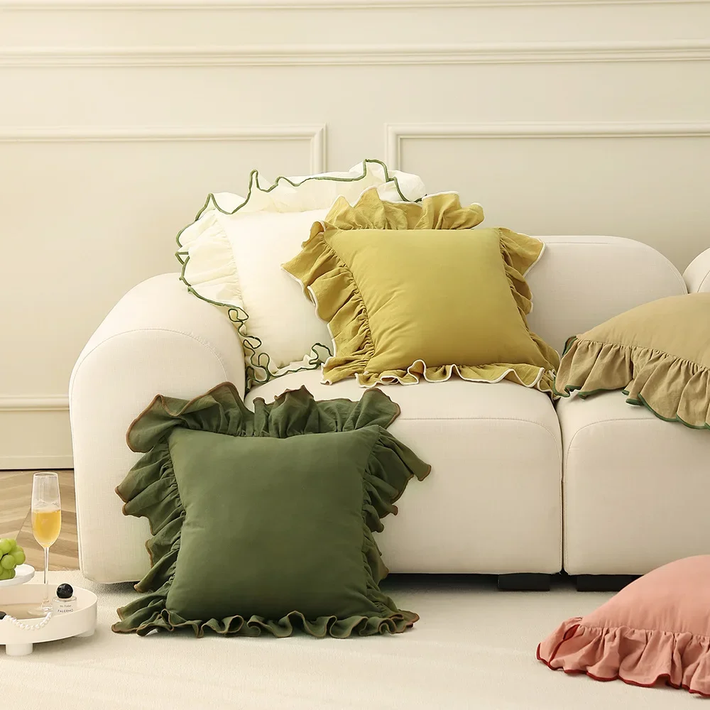 Cotton Ruffle Cushion Cover 45x45cm Sofa Throw Pillow Cover Solid Vintage Style Soft Bed Home Decoration for Living Room Bedroom