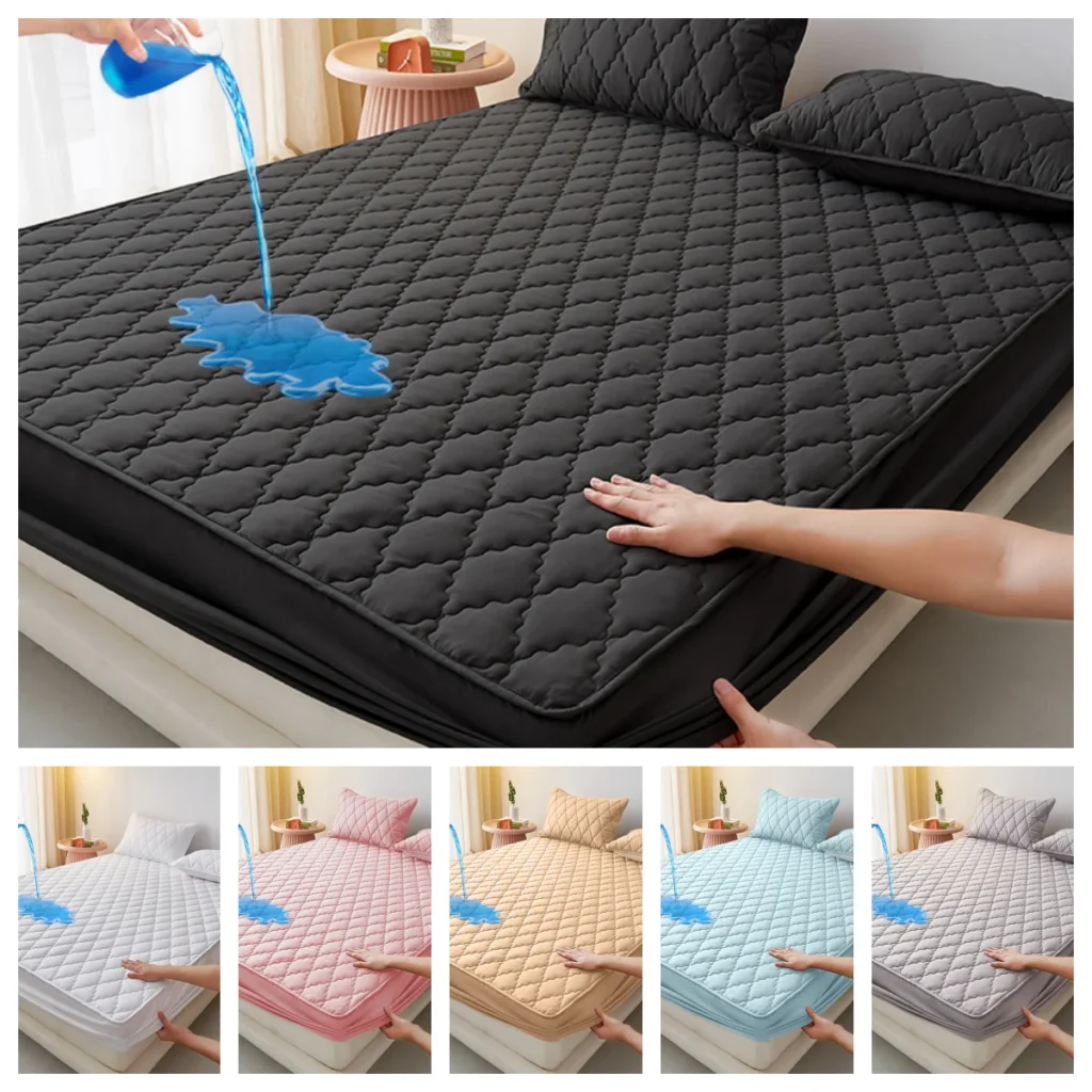 100%Waterproof Fitted Bed Sheet Washed Cotton Solid Color Bed Sheet with Elastic Band Single/Queen/King Black Mattress Protector