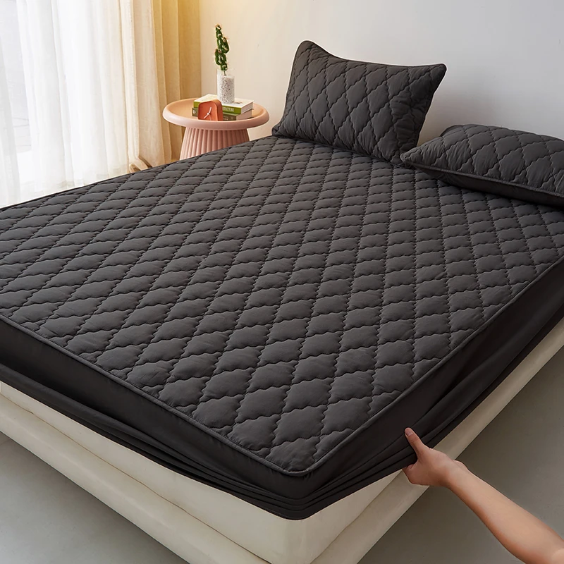 100%Waterproof Fitted Bed Sheet Washed Cotton Solid Color Bed Sheet with Elastic Band Single/Queen/King Black Mattress Protector - Image 4