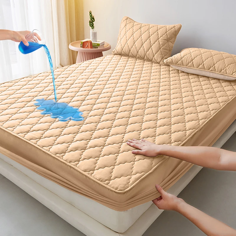 100%Waterproof Fitted Bed Sheet Washed Cotton Solid Color Bed Sheet with Elastic Band Single/Queen/King Black Mattress Protector - Image 10