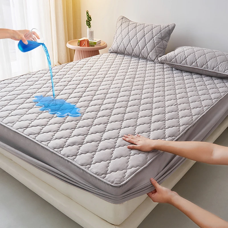 100%Waterproof Fitted Bed Sheet Washed Cotton Solid Color Bed Sheet with Elastic Band Single/Queen/King Black Mattress Protector - Image 8