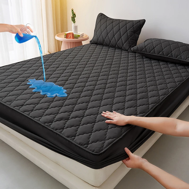 100%Waterproof Fitted Bed Sheet Washed Cotton Solid Color Bed Sheet with Elastic Band Single/Queen/King Black Mattress Protector - Image 9