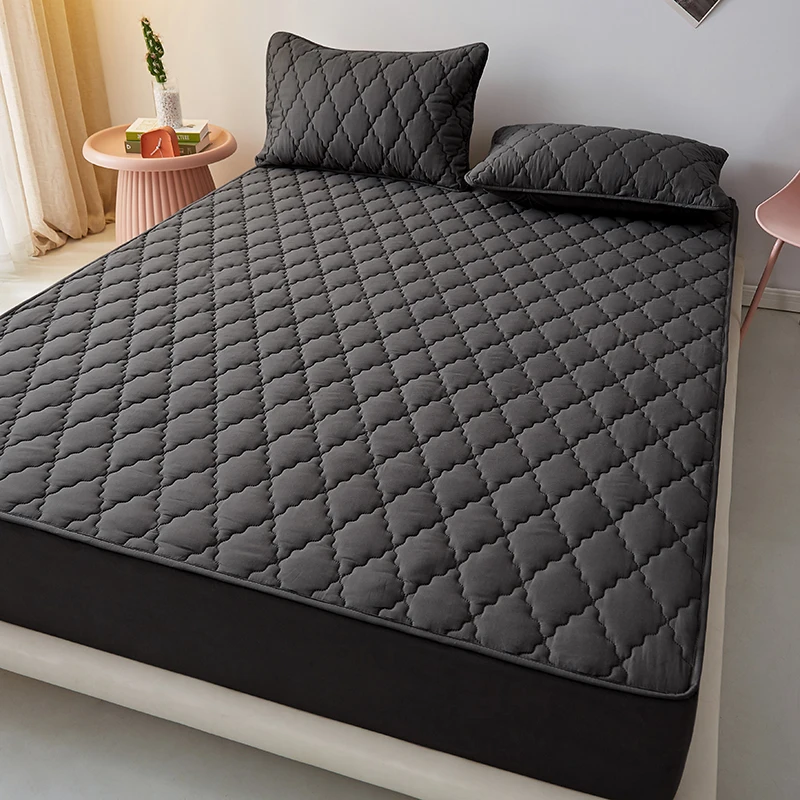 100%Waterproof Fitted Bed Sheet Washed Cotton Solid Color Bed Sheet with Elastic Band Single/Queen/King Black Mattress Protector - Image 5