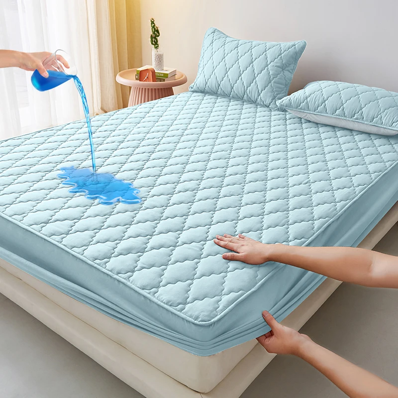 100%Waterproof Fitted Bed Sheet Washed Cotton Solid Color Bed Sheet with Elastic Band Single/Queen/King Black Mattress Protector - Image 7