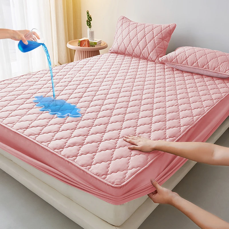 100%Waterproof Fitted Bed Sheet Washed Cotton Solid Color Bed Sheet with Elastic Band Single/Queen/King Black Mattress Protector - Image 12